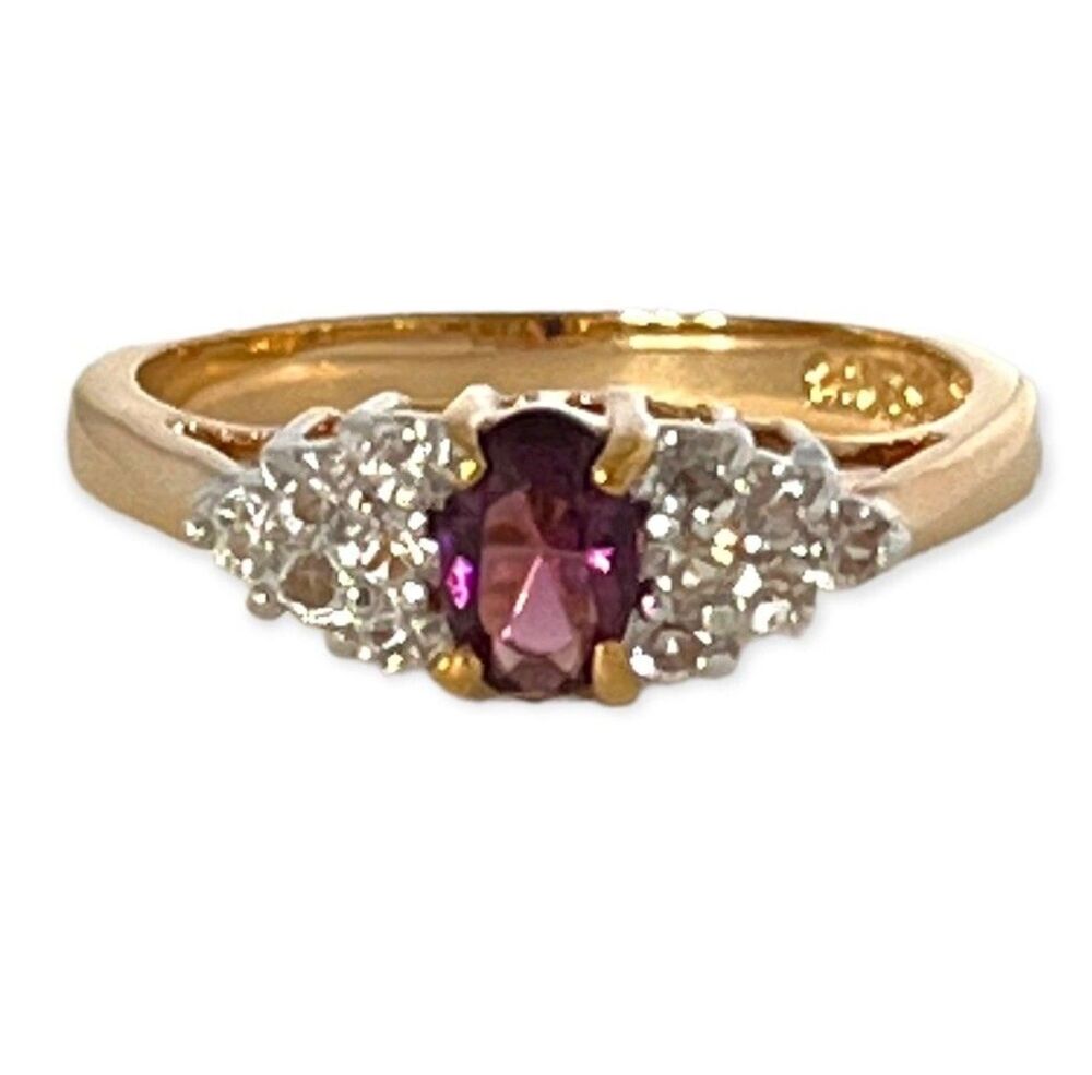 Vintage 1970s Cocktail Ring Size 8 Purple CZ Cluster Prong Set Gold Plated - 14Z